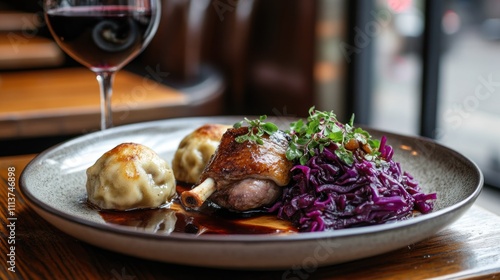 Fototapeta Naklejka Na Ścianę i Meble -  Delicious Roasted Duck Breast with Red Cabbage and Dumplings