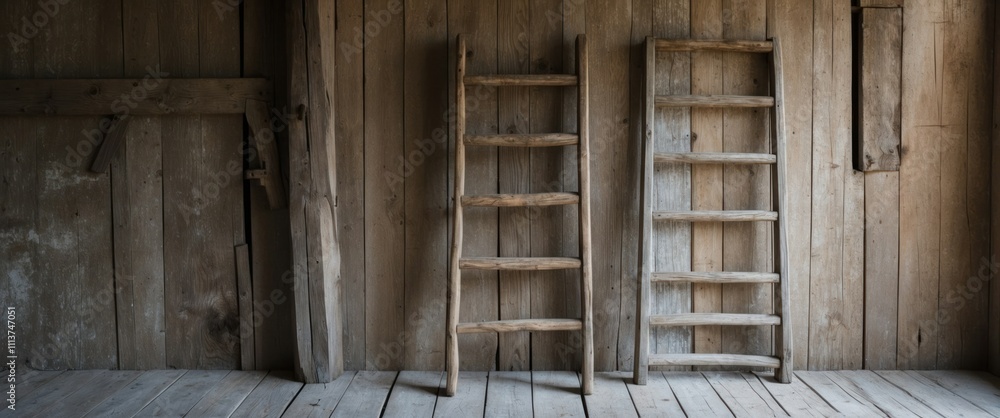 A rustic wooden ladder leaning against an old barn wall, showcasing timeless charm A rustic wooden ladder leaning against an old barn wall, showcasing timeless charm