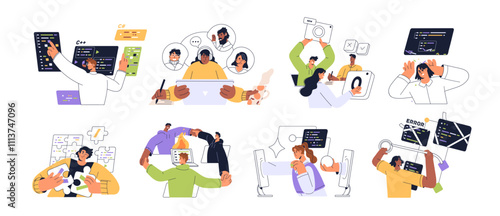 Web development processes concept set. Programmers work with bugs in code. Coders programming, testing on computer. Team communicates online by video call. Flat isolated vector illustrations on white