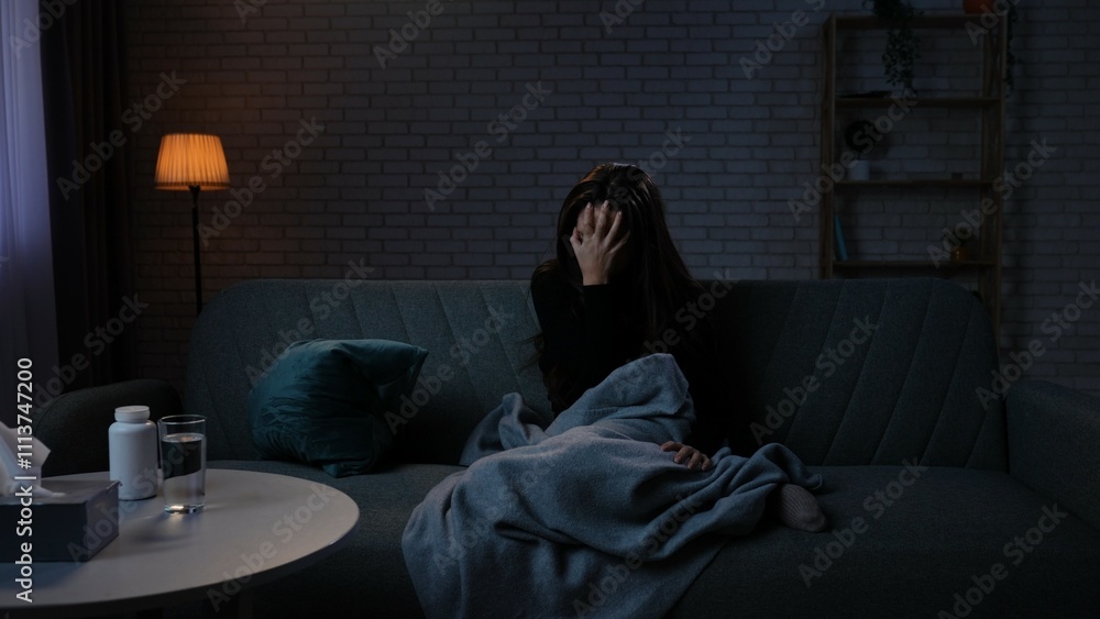 Woman suffering mental health issues, sitting on the sofa covered in blanket, depressed expression, closing crying face with hand. Woman suffering mental health issues, sitting on the sofa covered in blanket, depressed expression, closing crying face with hand.
