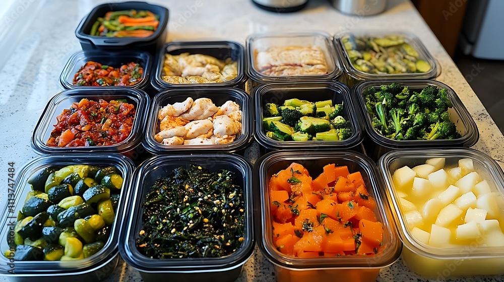A meal prep scene featuring containers of healthy foods like lean protein, vegetables, and functional foods like probiotic-rich kimchi and olive oil A meal prep scene featuring containers of healthy foods like lean protein, vegetables, and functional foods like probiotic-rich kimchi and olive oil