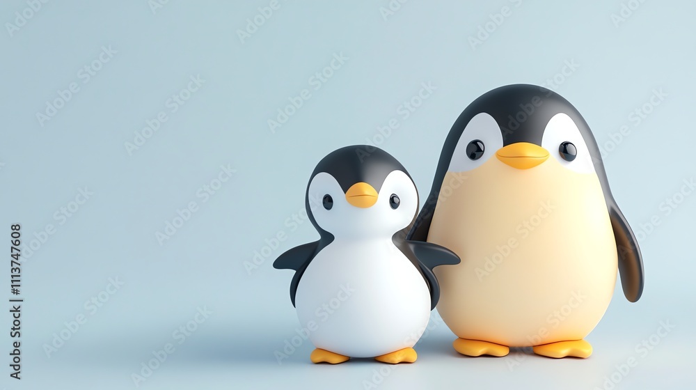 Fototapeta premium A 3D rendered cartoon penguin stands next to a smaller penguin on a blue background.