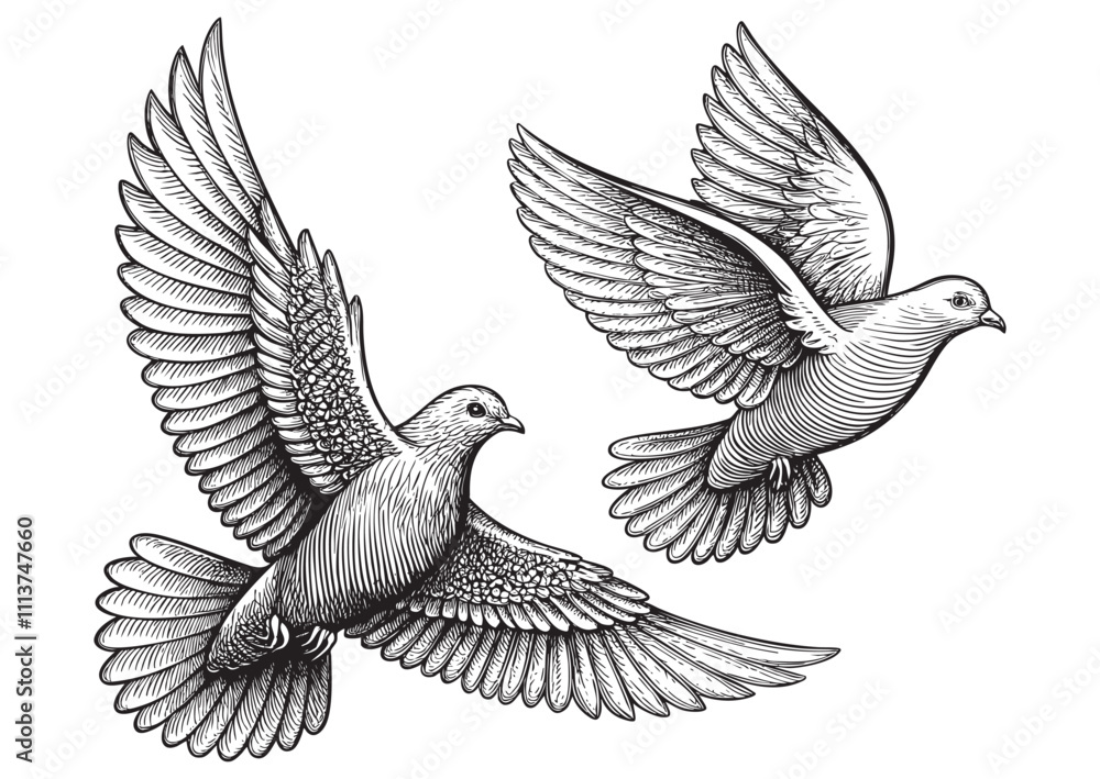 Obraz premium two flying doves engraving vector illustration