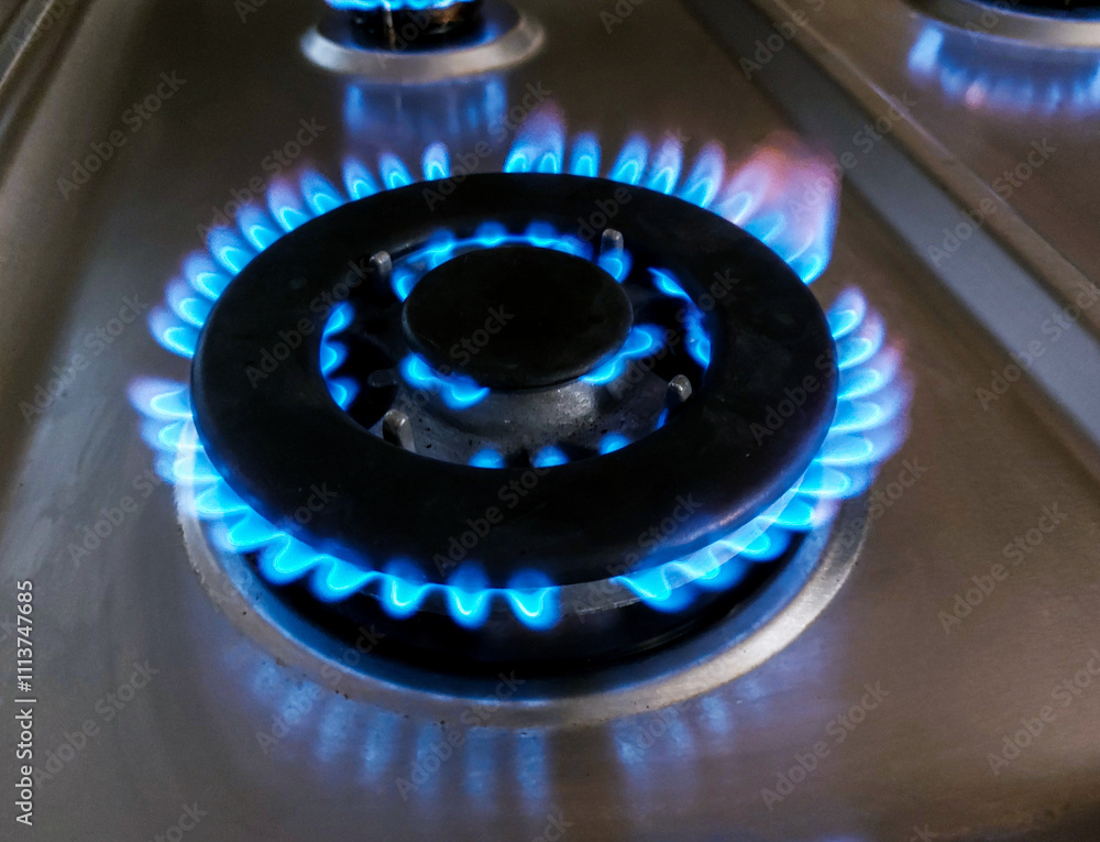 Natural gas, Stove gas burner with blue flame close up Natural gas, Stove gas burner with blue flame close up