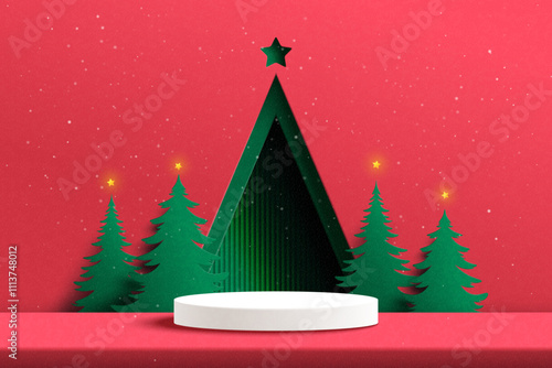 Merry Christmas and Happy new year background. White cylinder podium on red background decorated with christmas tree and stars..Paper art vector illustration.