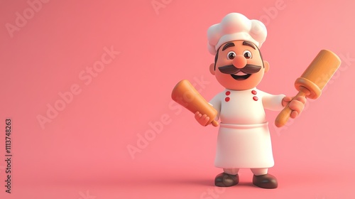 Cartoon chef with rolling pin and bread.