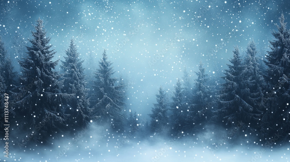 Snowy winter forest scene at night with falling snow and fog. Snowy winter forest scene at night with falling snow and fog.