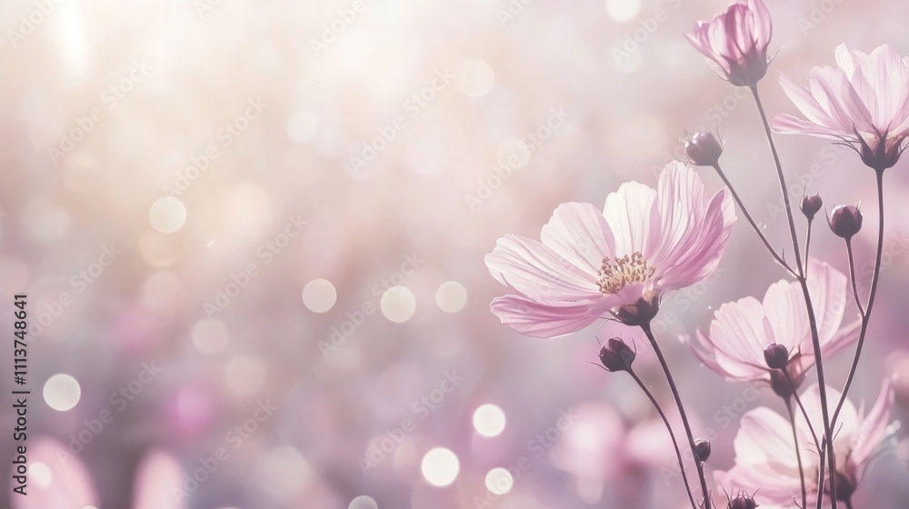 Soft pink cosmos flowers in a sunlit field. Soft pink cosmos flowers in a sunlit field.