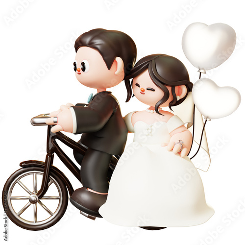Wedding Couple Ride Bicycle with White Heart Balloon. Cute cartoon 3D Couple in love, wedding, marriage. Valentines day, love and romantic concept.