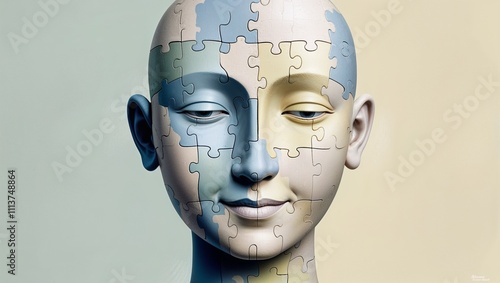 Artistic representation of a human face made of puzzle pieces in harmonious colors
