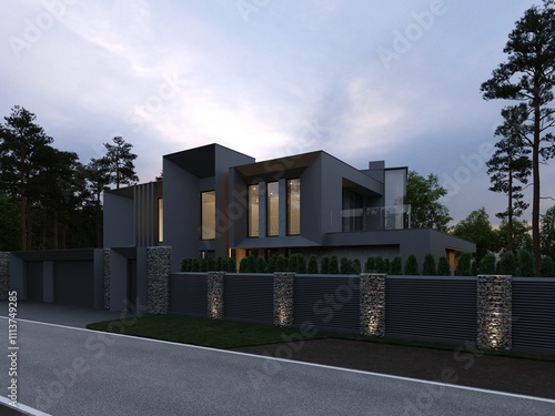 3D visualization of a modern luxury house. House next to the forest. Panoramic windows in the house. Unique architecture. Evening illumination of the facade