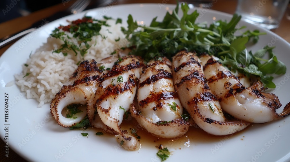 A beautiful plate of grilled squid, lightly charred and served with a side of rice and fresh greens, elegantly arranged to highlight the dish's flavors and textures A beautiful plate of grilled squid, lightly charred and served with a side of rice and fresh greens, elegantly arranged to highlight the dish's flavors and textures