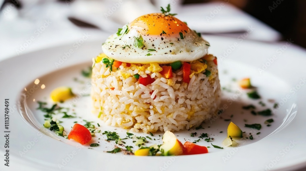 A beautiful presentation of American fried rice topped with a soft-boiled egg, with colorful vegetables and herbs scattered around on a white plate A beautiful presentation of American fried rice topped with a soft-boiled egg, with colorful vegetables and herbs scattered around on a white plate