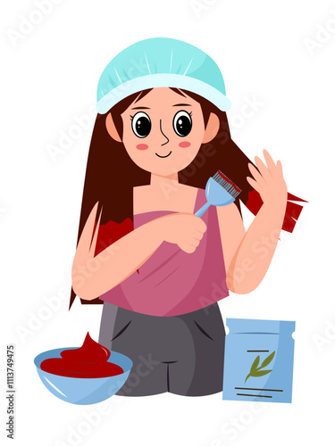 Vector illustration of a woman doing hair styling with hair coloring paint