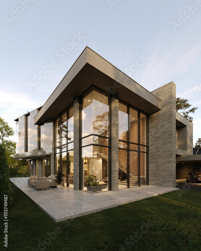 3D visualization of a modern luxury house. House near the forest. Panoramic windows in the house. Unique architecture