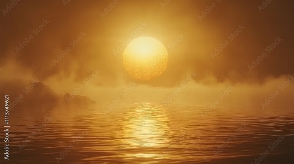 A beautiful shot of the sun rising over a misty lake, with soft fog hovering above the water, creating a dreamy and ethereal morning scene A beautiful shot of the sun rising over a misty lake, with soft fog hovering above the water, creating a dreamy and ethereal morning scene