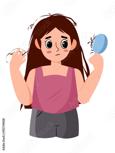 Illustration of a female character with a sad expression due to the problem of hair loss