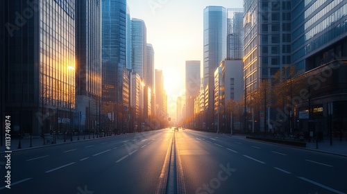 Sunrise over empty city street between skyscrapers.