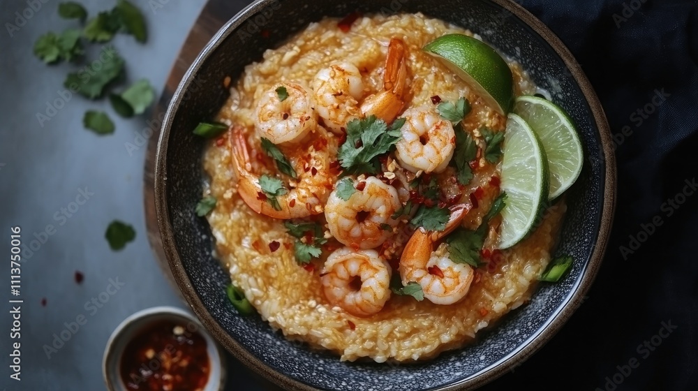 A beautifully arranged plate of shrimp rice porridge garnished with lime wedges and chili sauce, evoking a sense of warmth and comfort A beautifully arranged plate of shrimp rice porridge garnished with lime wedges and chili sauce, evoking a sense of warmth and comfort