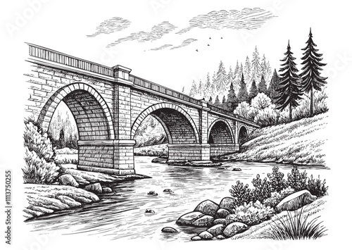 Bridge on river engraving vector illustration