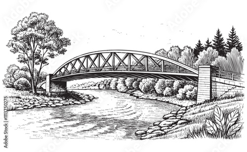 Bridge on river engraving vector illustration