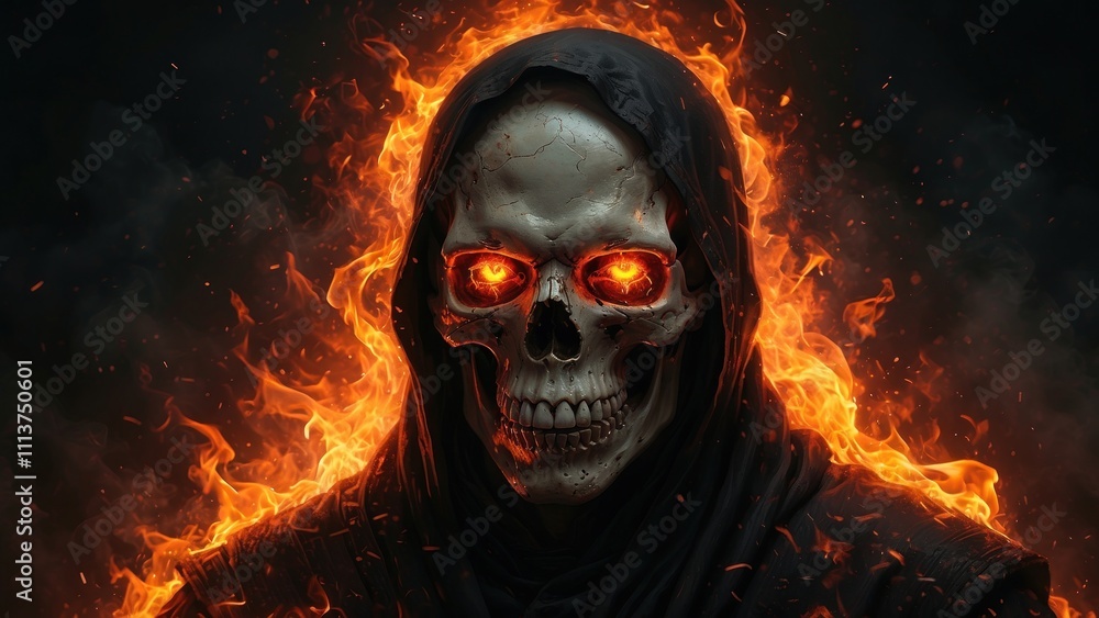 Fiery Skull with Red Glowing Eyes in a Dramatic Setting Fiery Skull with Red Glowing Eyes in a Dramatic Setting