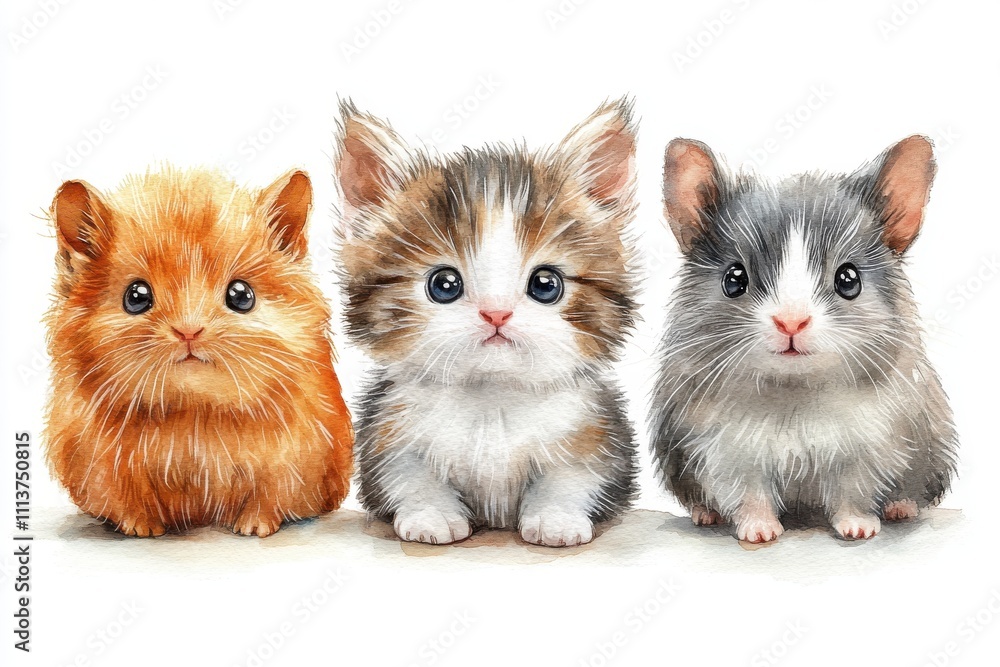 Obraz premium A cute illustration of three fluffy kittens with big eyes, showcasing their adorable features.