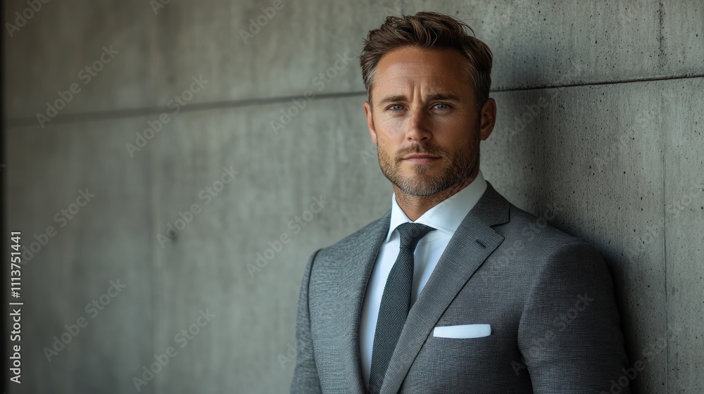 Smiling Asian Man in Tailored Gray Suit Standing in Front of Concrete Wall Smiling Asian Man in Tailored Gray Suit Standing in Front of Concrete Wall