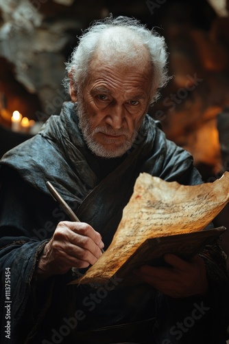 Elder Prophet Disciple Writing Scriptures in Candlelit Medieval Dungeon photo