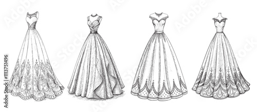 wedding dress engraving vector illustration