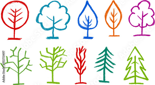 Tree Icons Crayon Chalk Drawing Vector Set