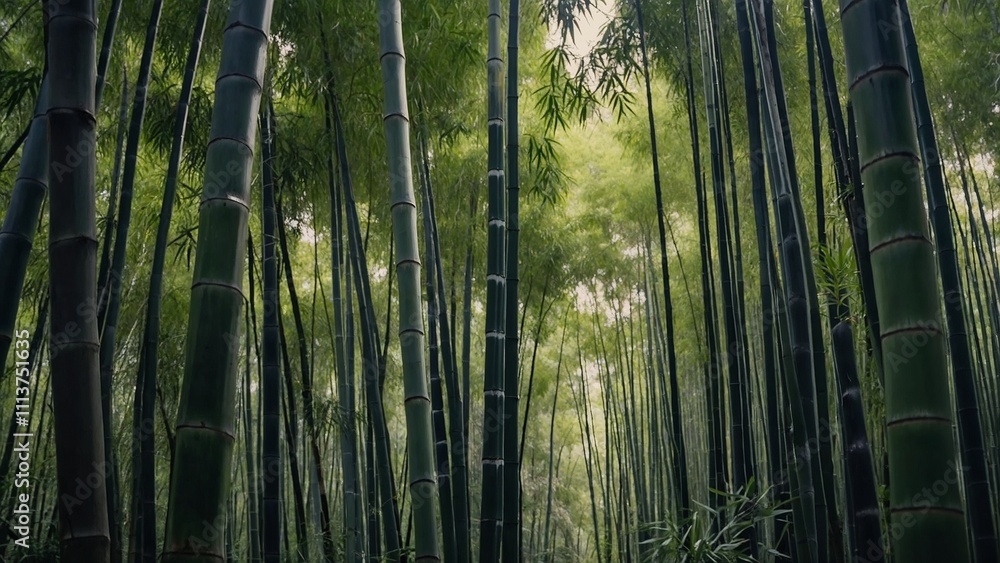Lush green bamboo forest with a tranquil mood illuminated by sunlight filtering through the trees against a vibrant natural backdrop Lush green bamboo forest with a tranquil mood illuminated by sunlight filtering through the trees against a vibrant natural backdrop