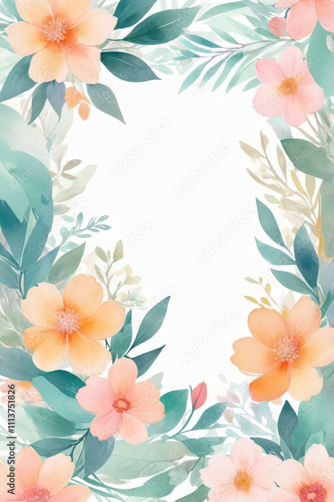 Obraz premium A white background framed with seamless watercolor floral patterns, creating a soft, elegant design perfect for any occasion.