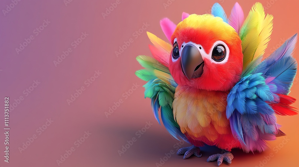 A cute cartoon parrot with big eyes and colorful feathers.