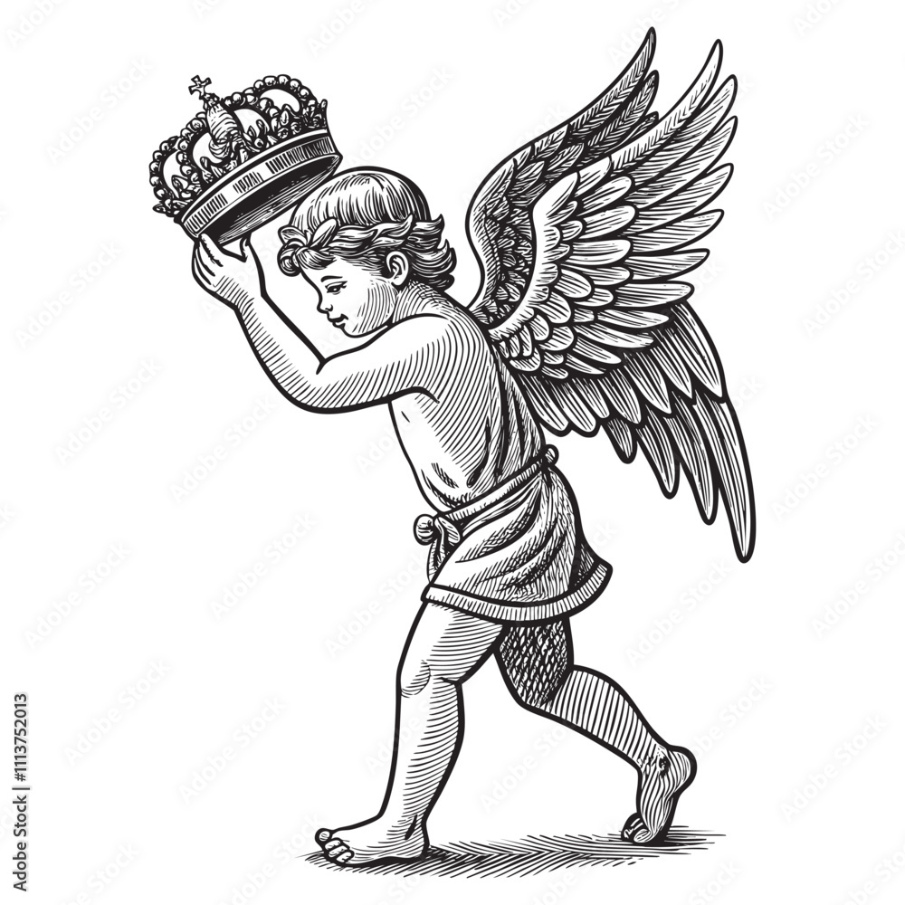 Fototapeta premium baby angle with crown engraving vector illustration