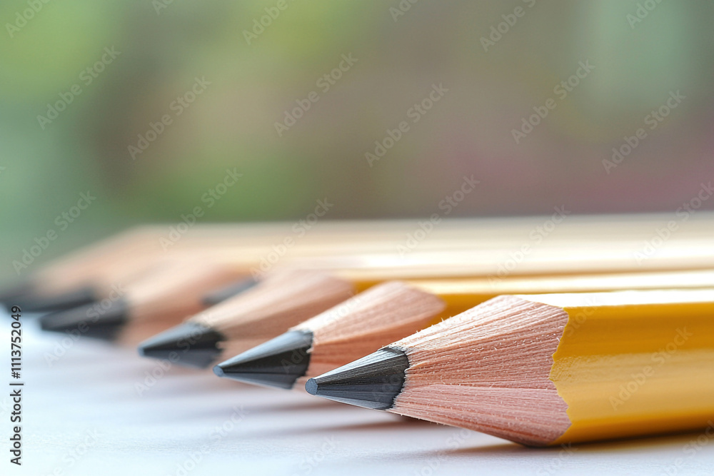 A neat row of pencils on a clean desk. A neat row of pencils on a clean desk.