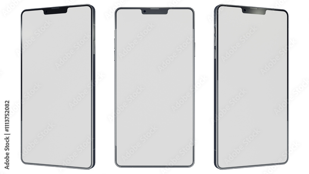 Set of Smartphone mockup 3D rendering blank white screen on a transparent background. Front view, and perspective views by 25 and minus 25 degrees rotation on the Z-axis. Set of Smartphone mockup 3D rendering blank white screen on a transparent background. Front view, and perspective views by 25 and minus 25 degrees rotation on the Z-axis.