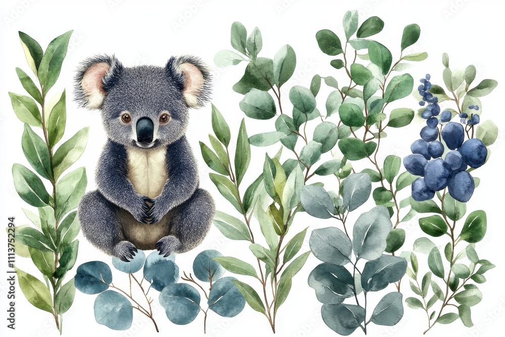 Obraz premium A cute koala surrounded by various eucalyptus leaves and berries, showcasing nature's beauty.