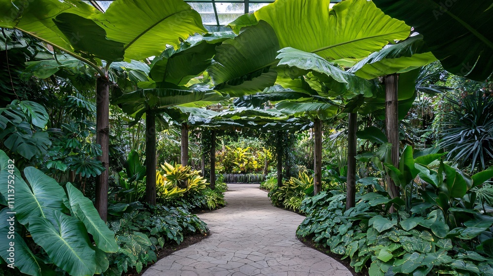 Serene Pathway Through Lush Tropical Greenhouse Serene Pathway Through Lush Tropical Greenhouse