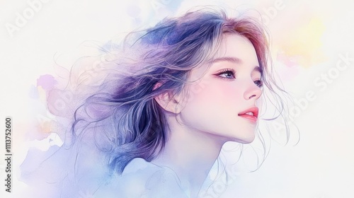 Beautiful Woman Looking Up Watercolor Illustration