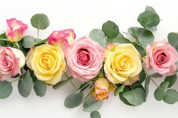 Pink and yellow roses with eucalyptus on white background.