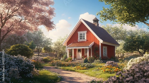 A charming Nordic house with a red wooden exterior and white trim, surrounded by a well-kept garden in full bloom during spring