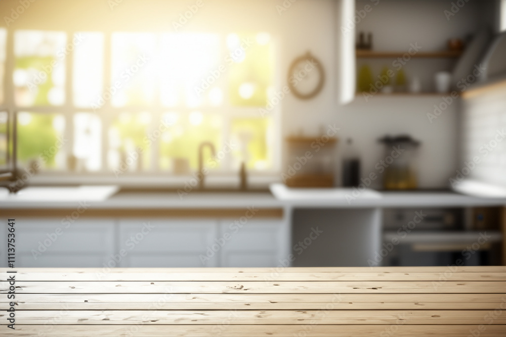 Empty wooden table with the bright white interior of the kitchen as a blurred background behind the bokeh golden sunshine Empty wooden table with the bright white interior of the kitchen as a blurred background behind the bokeh golden sunshine