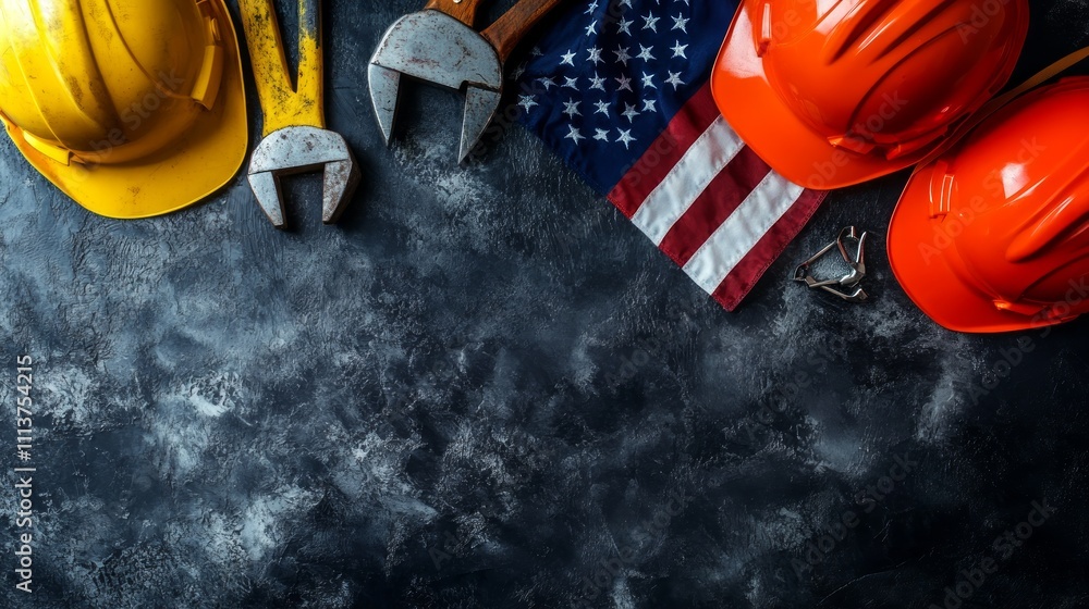 Greeting card for Labor Day with tools, hardhats and USA flag on dark background Greeting card for Labor Day with tools, hardhats and USA flag on dark background