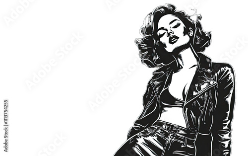 Leather-jacket woman in rebellious monochrome style.png photo