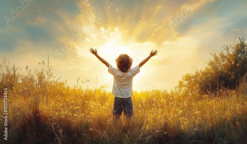 Child in Prayer and Praise with Arms Raised to Heaven Thanking Jesus Christ