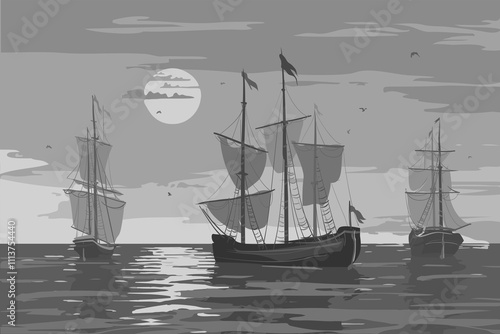 Vector illustration - seascape with sailing ships. Black and white
