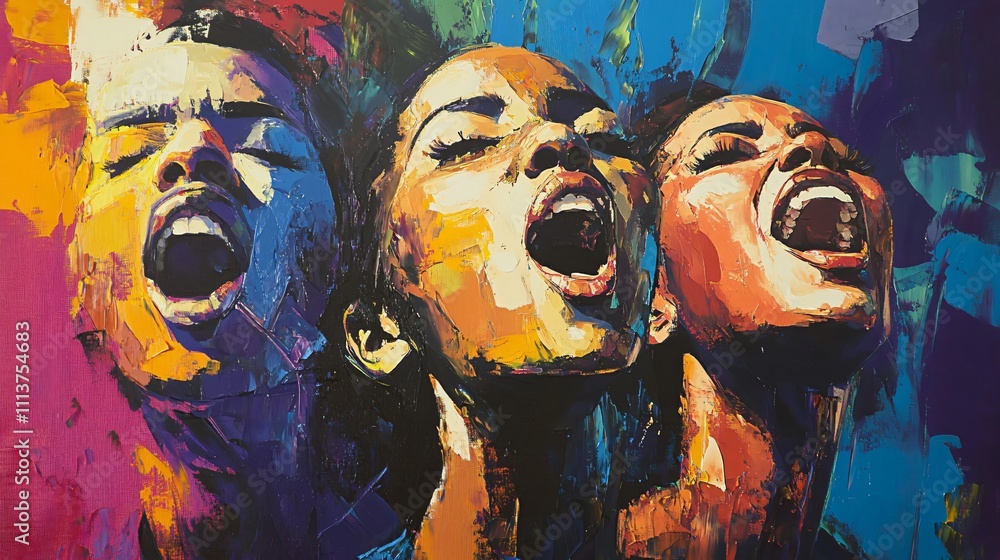 Oil Painting of three young men and woman singing with open mouths - Political Change and Freedom of Expression Oil Painting of three young men and woman singing with open mouths - Political Change and Freedom of Expression
