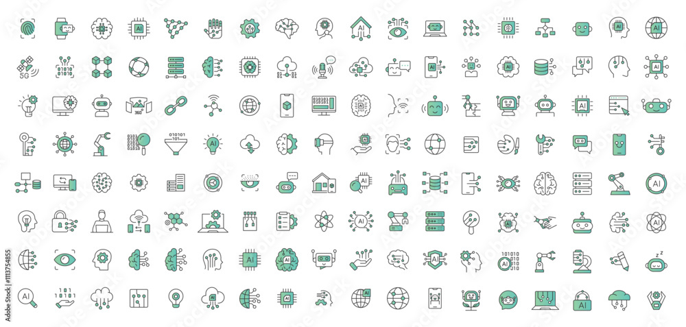 Artificial intelligence icon set. Containing machine learning, data science, AI, virtual assistant, generative AI, technology vector icons collection Artificial intelligence icon set. Containing machine learning, data science, AI, virtual assistant, generative AI, technology vector icons collection
