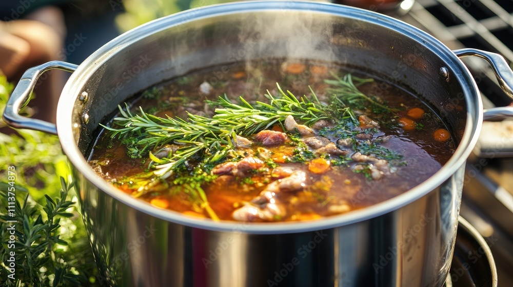A close-up of a bubbling pot of broth and sizzling meats on a mookata grill, with fresh herbs and spices adding color and flavor, emphasizing the cooking process A close-up of a bubbling pot of broth and sizzling meats on a mookata grill, with fresh herbs and spices adding color and flavor, emphasizing the cooking process
